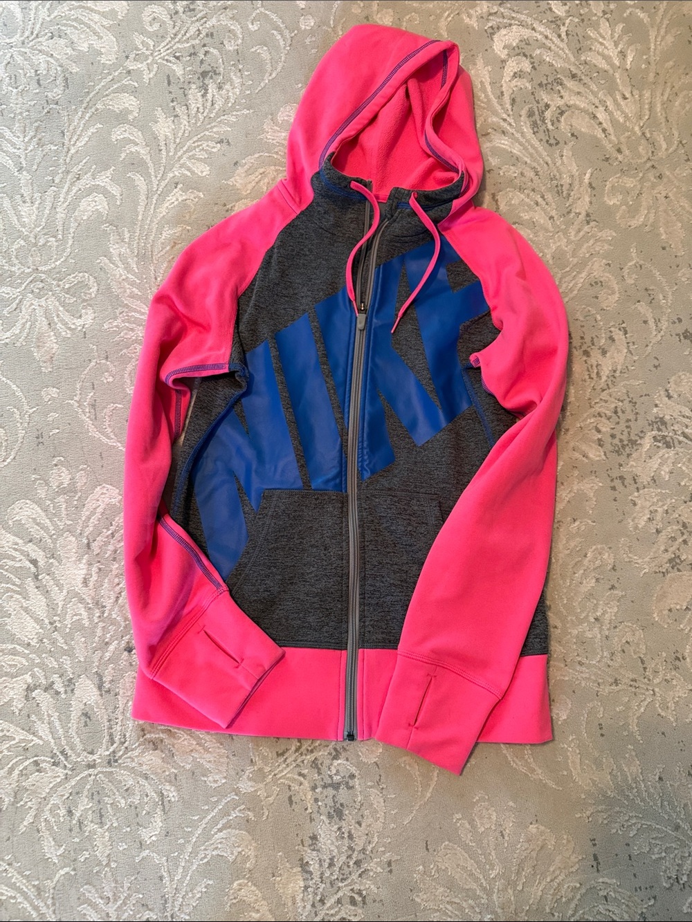 Nike Pink & Gray Full-Zip Hoodie with Blue Logo
